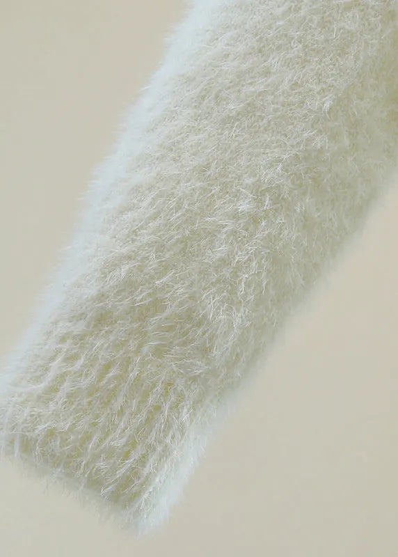 Natural White O-neck Sequins Thick Cotton Knit Sweater Winter