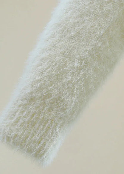 Natural White O-neck Sequins Thick Cotton Knit Sweater Winter