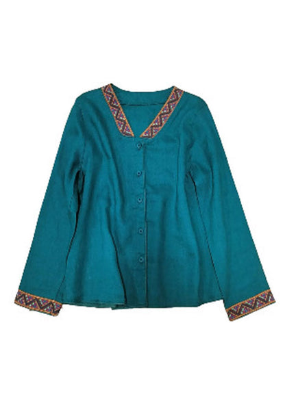Blue V Neck Embroidered Button Linen Shirt Long Sleeve