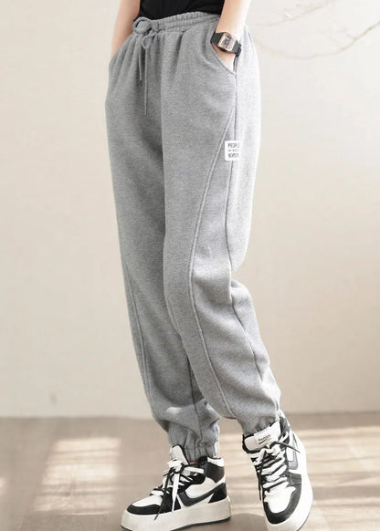Diy Grey Elastic Waist Patchwork Warm Fleece Pants Winter