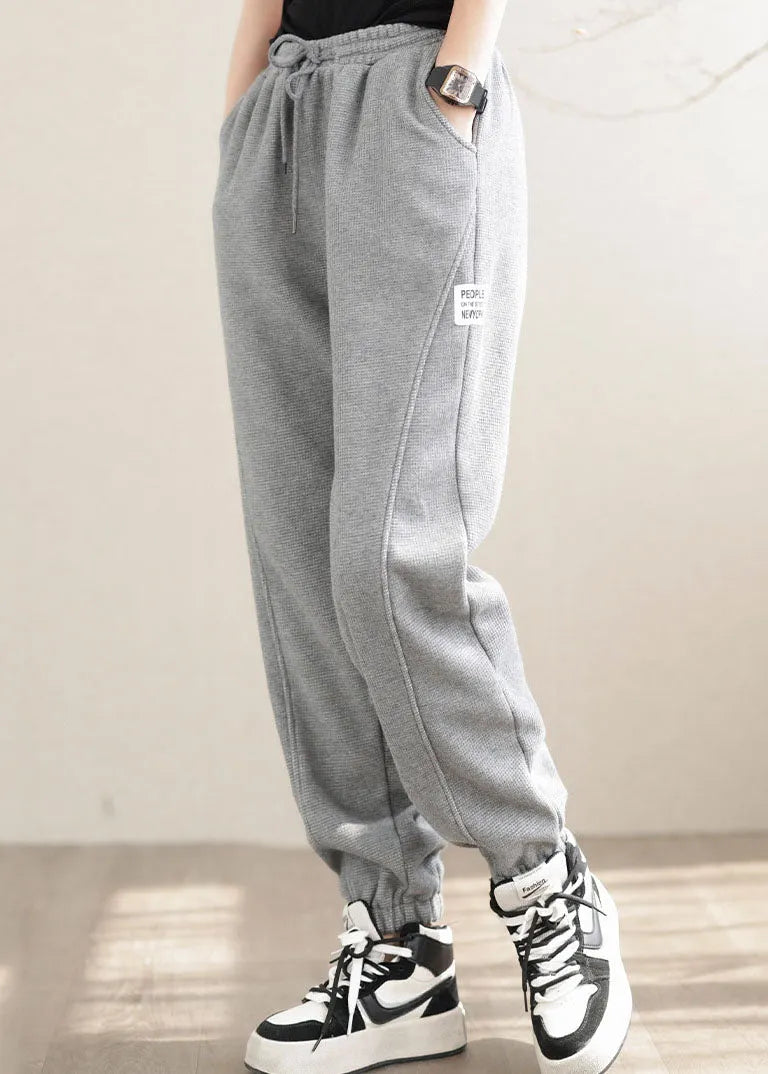 Diy Grey Elastic Waist Patchwork Warm Fleece Pants Winter