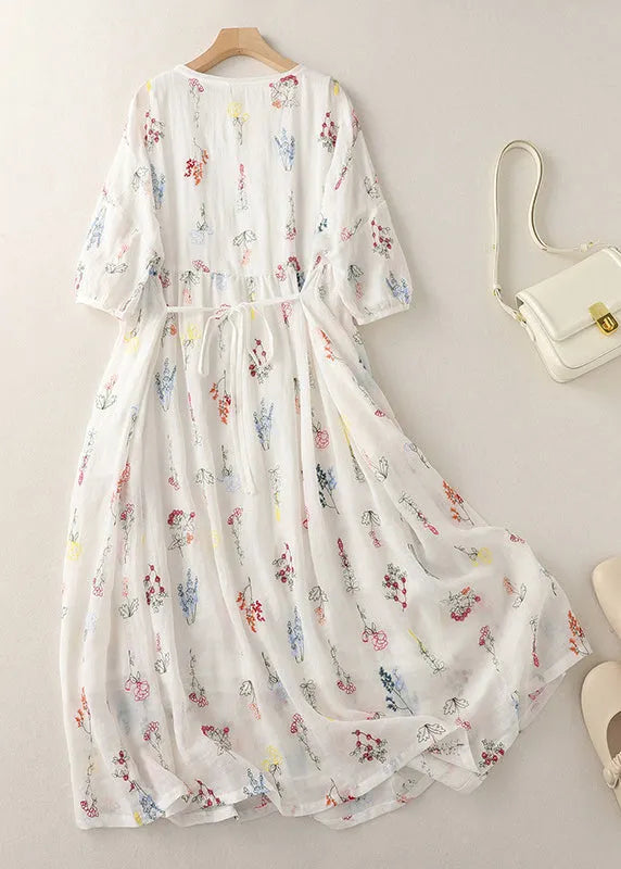 New White O-neck Lace Up Cotton Dresses Half Sleeve