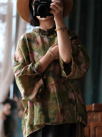 Autumn Flower Stand Collar Ramie Blouse