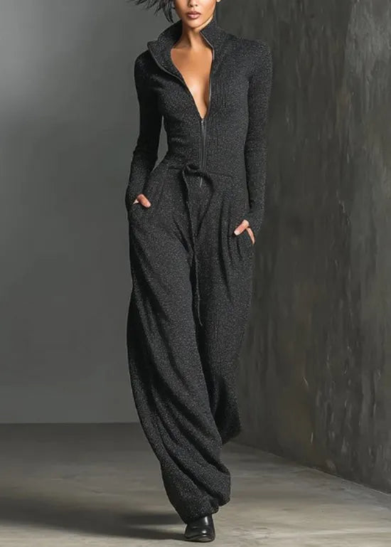 Modern Blue Zip Up Lace Up Patchwork Cotton Jumpsuit Fall