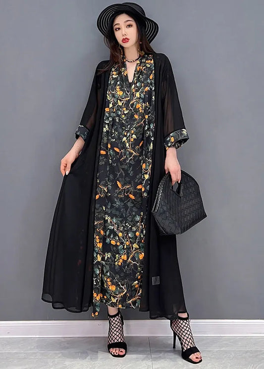 Black V Neck Print Silk Long Dress and Tulle Long Cardigan Two Pieces Set Summer