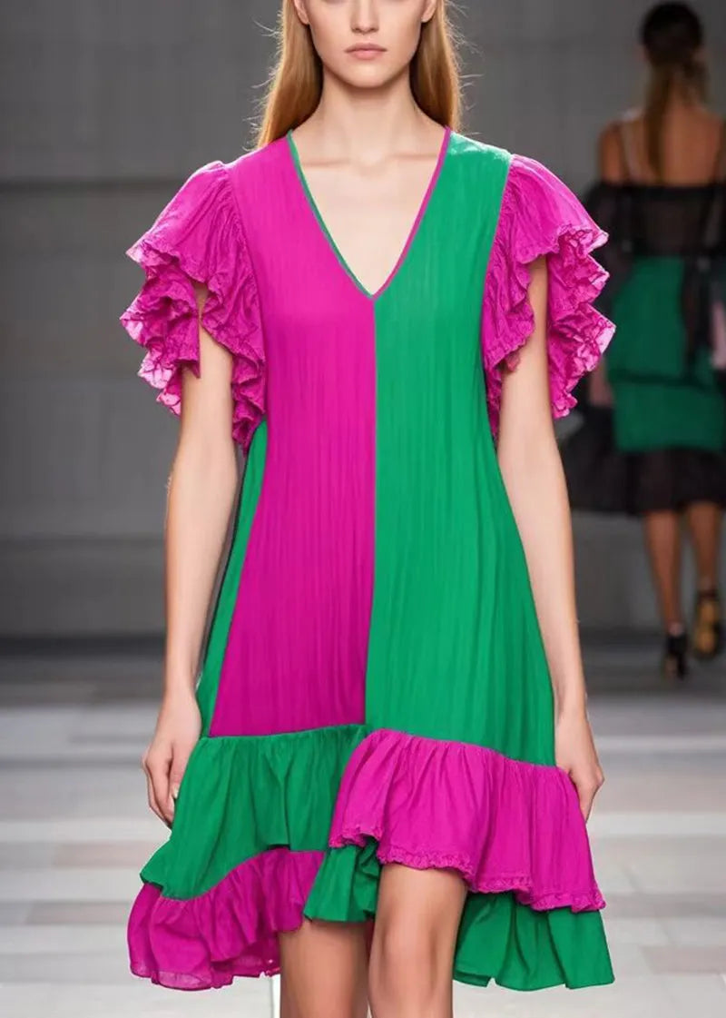 Colorblock V Neck Patchwork Cotton Tea Dress Butterfly Sleeve