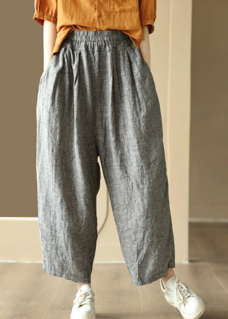 Black Striped Pockets Elastic Waist Linen Harem Pants Summer