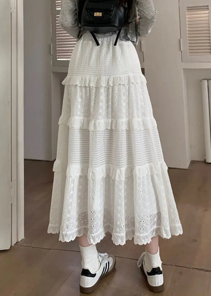 White Ruffled Hollow Out Cotton Skirts Summer