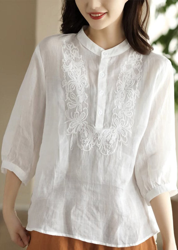 Orange Stand Collar Embroidered Shirt Long Sleeve