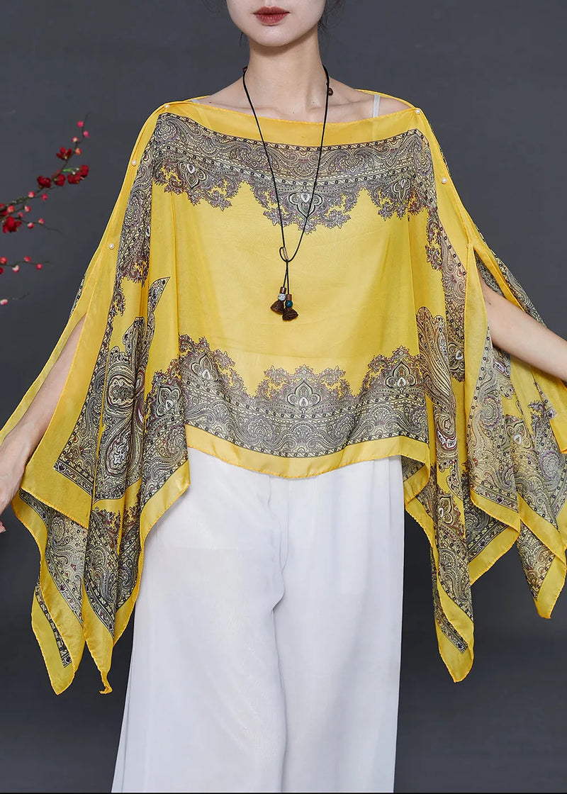Yellow Oversized Print Chiffon Beach Top Summer