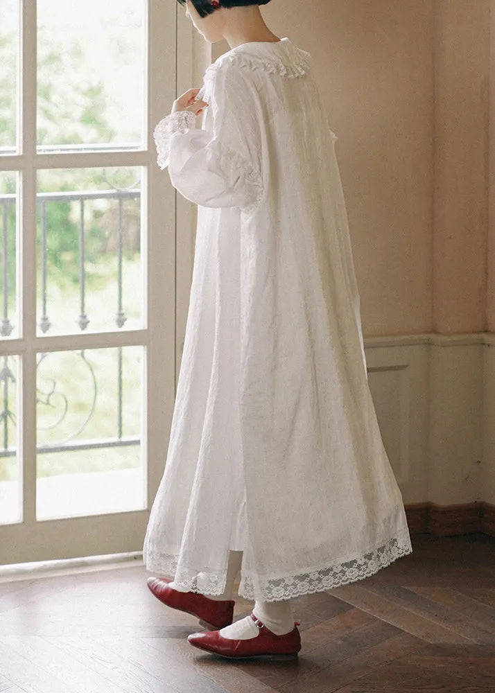 White Ruffled Lace Patchwork Cotton Long Cardigan Fall