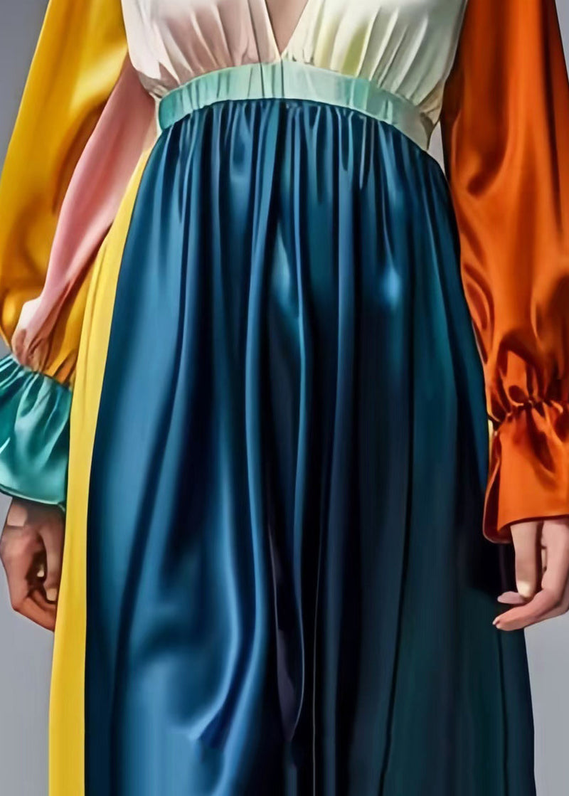 French Colorblock Deep-v Neck Patchwork Draping Silk Dress Spring