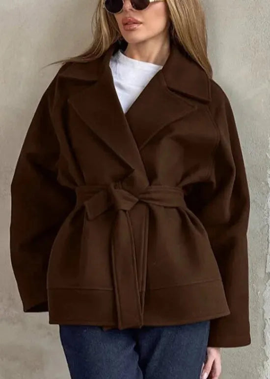 Boutique Coffee Peter Pan Collar Lace Up Woolen Coats Winter