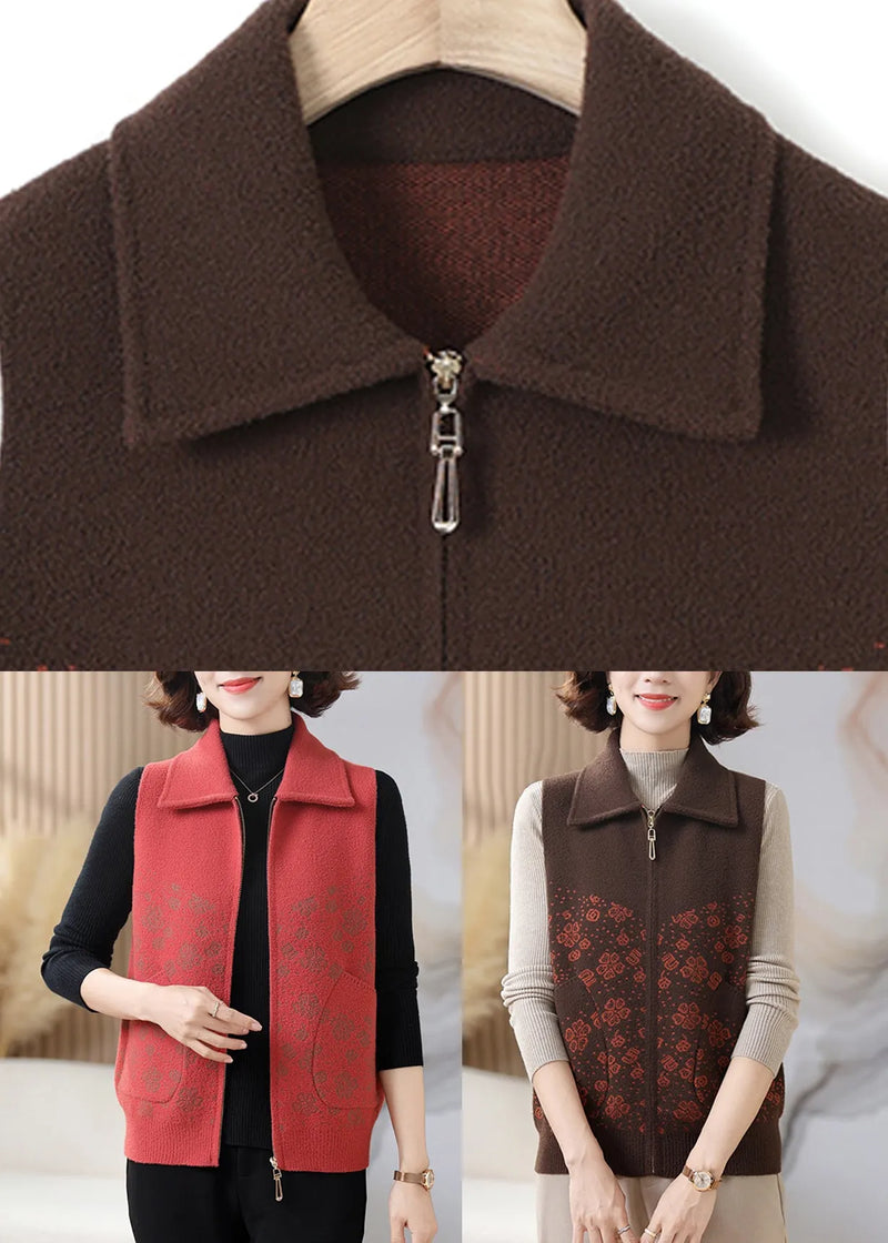 Coffee Peter Pan Collar Pockets Knit Waistcoat Sleeveless