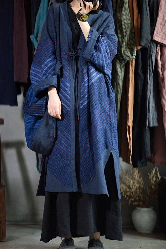 Blue Retro Striped Cotton Trench Coat