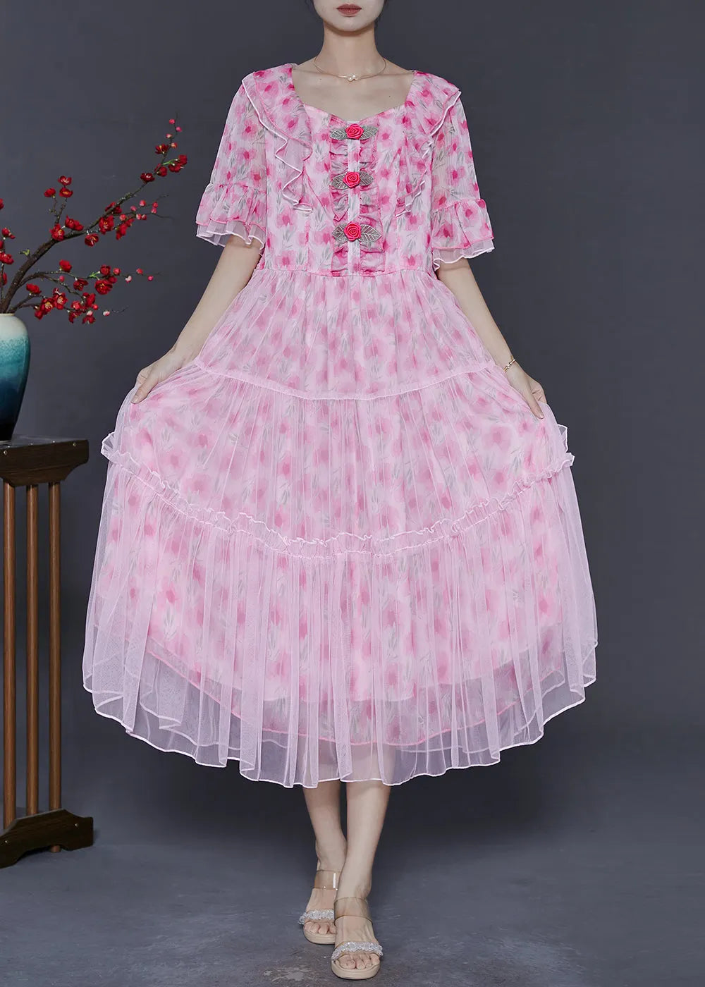 Pink Ruffled Chiffon Dresses Summer