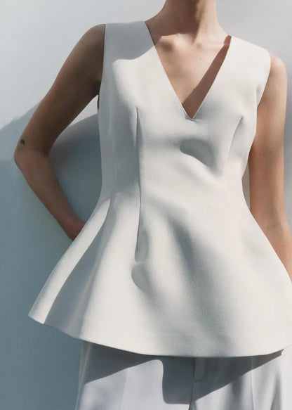 White Zippered Spandex Top V Neck Summer