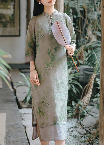 Loose Green Stand Collar Print Linen Long Dress Spring