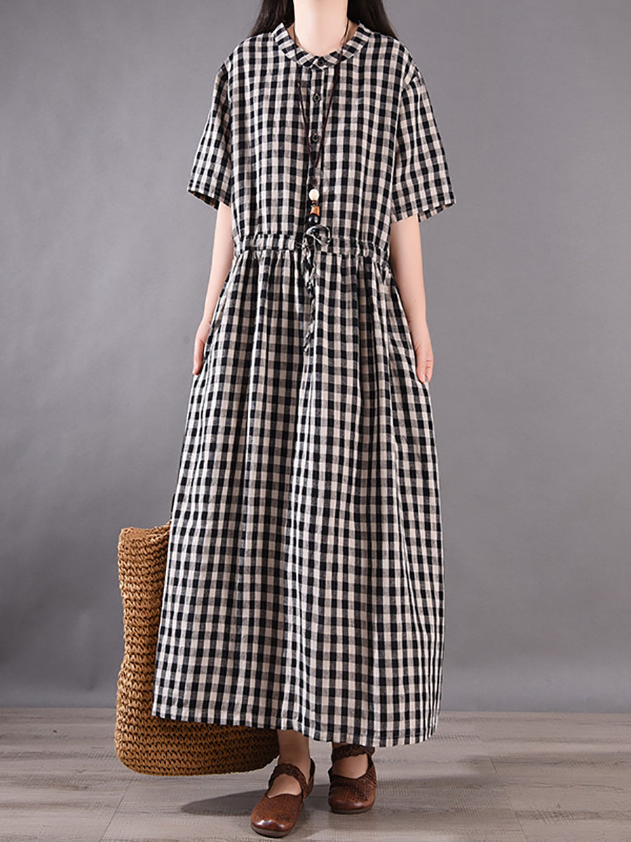 Summer Plaid Strap Linen Cotton Dress