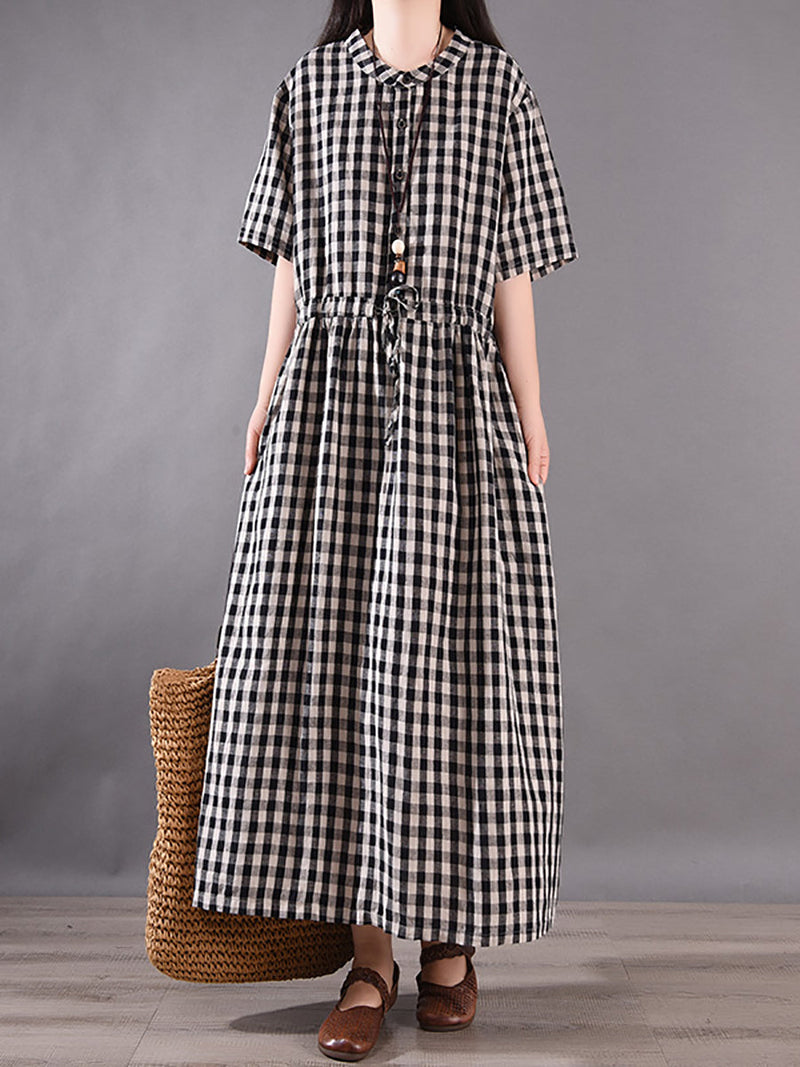 Summer Plaid Strap Linen Cotton Dress