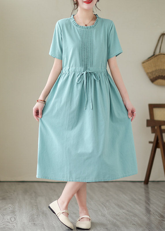 Green O-neck Patchwork Tie Waist Linen Long Dresses Short Sleeve