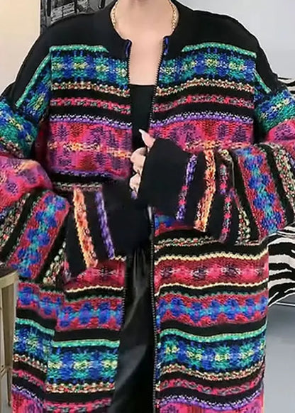 New Rainbow O-neck Zip Up Patchwork Knit Cardigans Fall