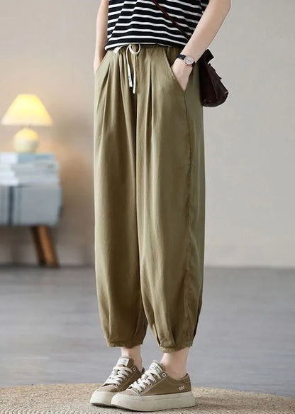 Natural Khaki Elastic Waist Drawstring Pockets Draping Silk Crop Pants Spring