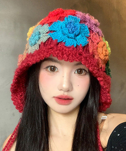 Style Red Flower Hollow Knitted Boonie Hat