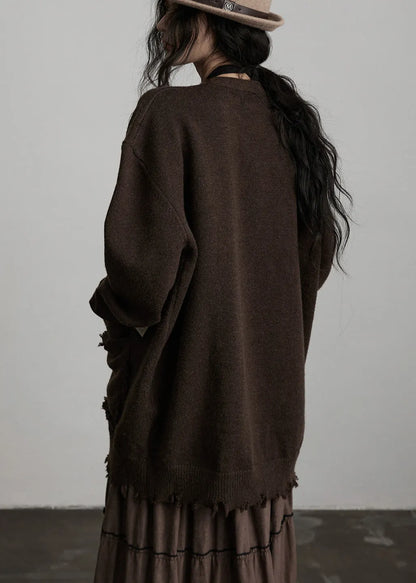 Chocolate Oversized Patchwork Applique Knit Cardigan Winter