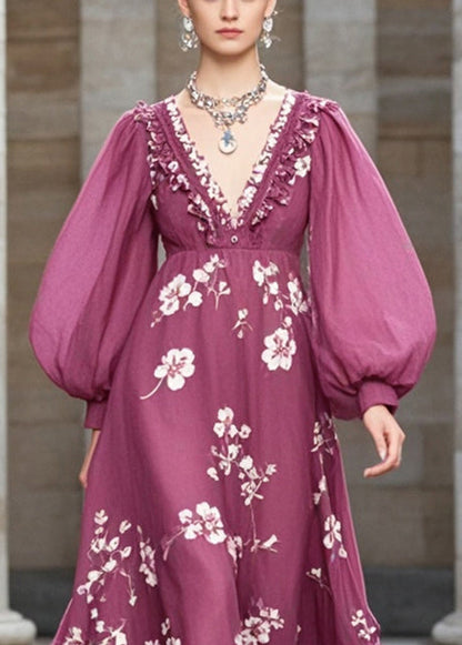 Purple Ruffled Print Chiffon Robe Dresses Fall
