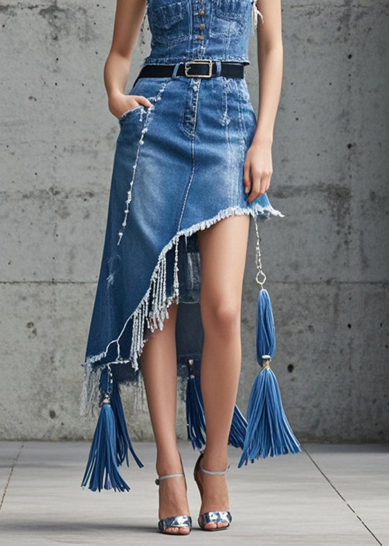 Blue Asymmetrical Tasseled Denim Skirts Fall