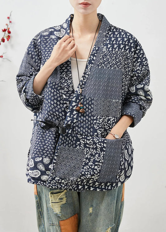 Navy Oversized Print Linen Coat Spring
