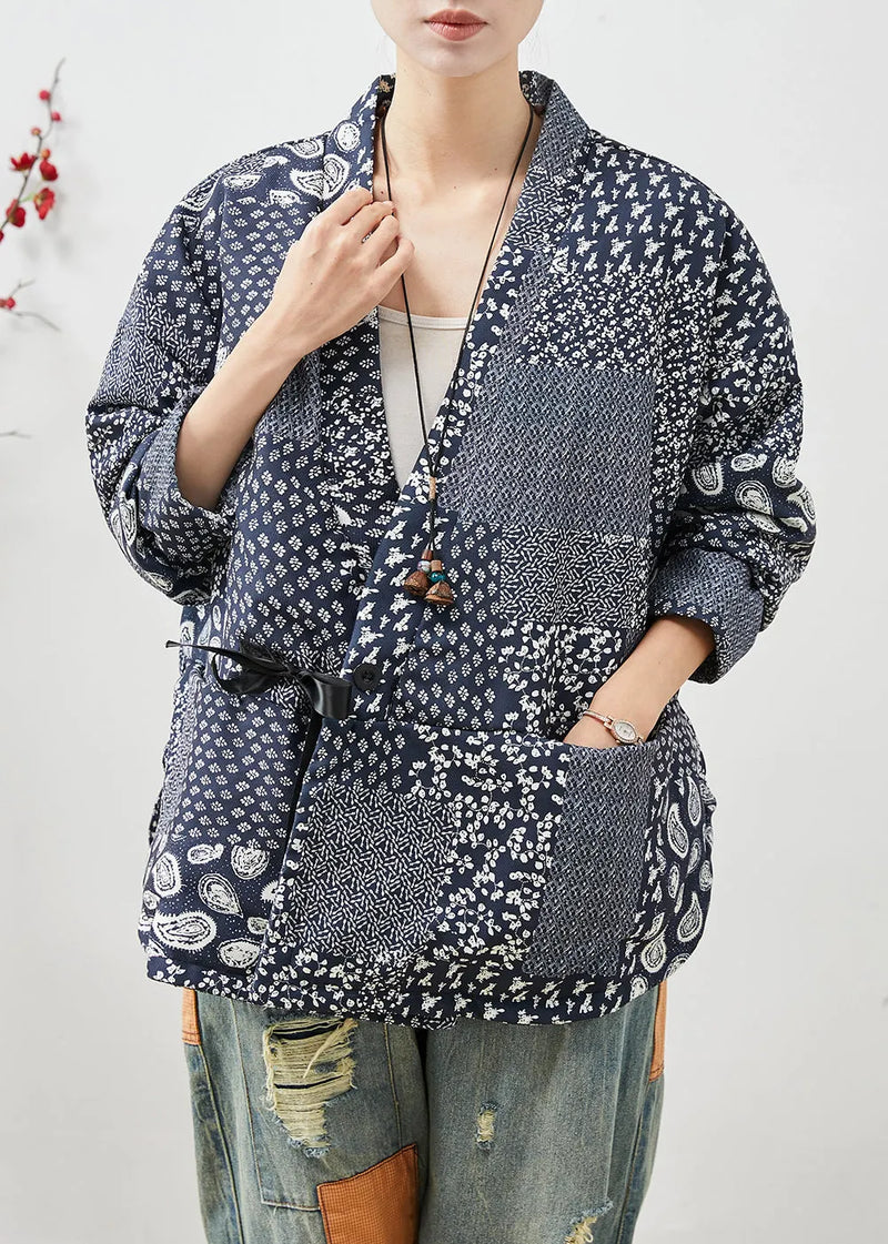 Navy Oversized Print Linen Coat Spring