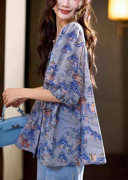 Loose Blue Wrinkled Button Print Chiffon Blouse Half Sleeve