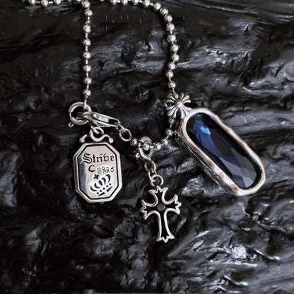Sterling Silver Blue Round Bead Cross Pendant Necklace
