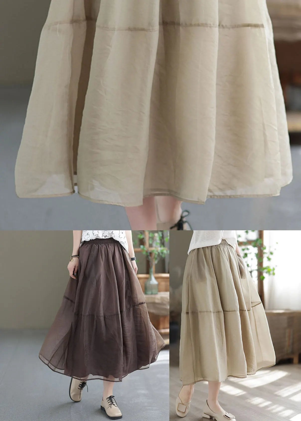 Khaki Elastic Waist Patchwork Organza Skirts Spring