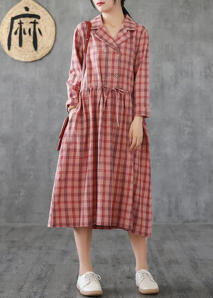 Loose Pink Plaid Linen Cotton Clothes Notched Drawstring Cotton Dress