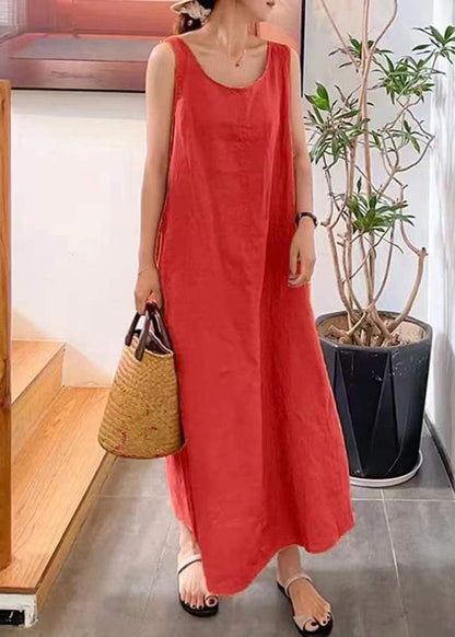 Modern Yellow O-neck Slim Fit Cotton Long Dresses Sleeveless