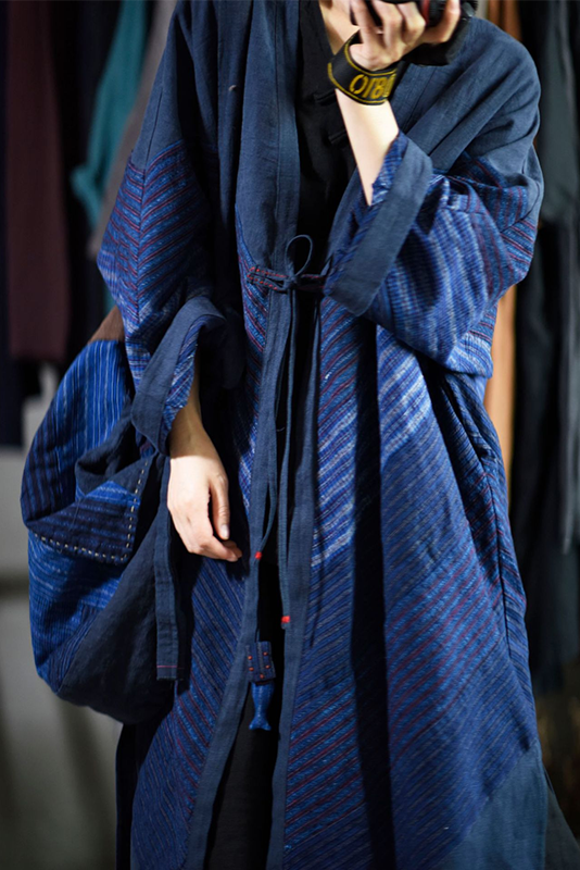 Blue Retro Striped Cotton Trench Coat