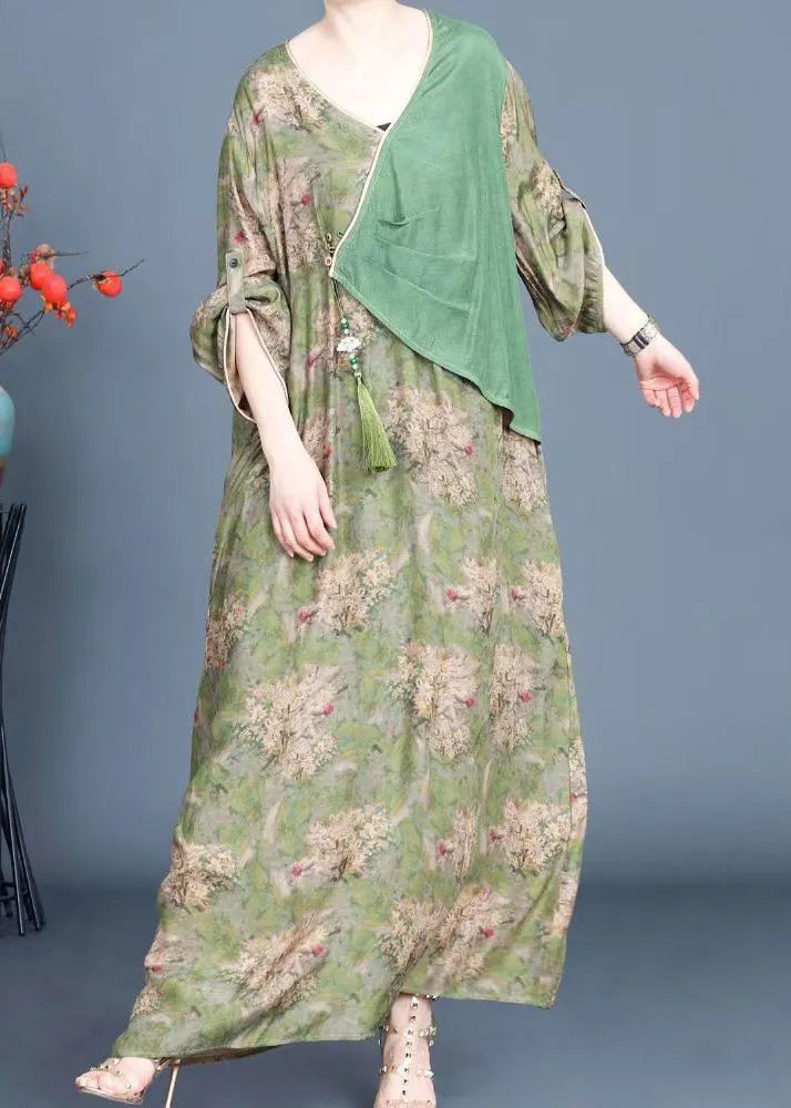 New Green Button Print Patchwork Silk Dresses Fall