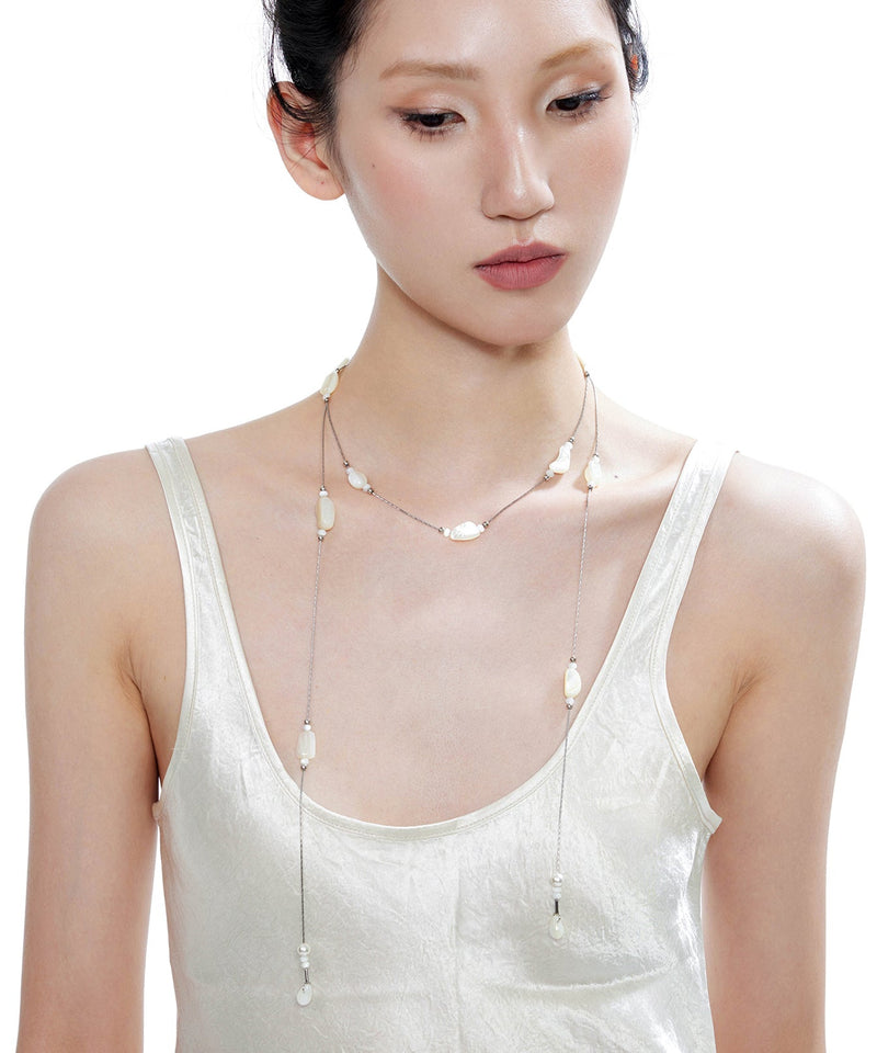 Beige Asymmetric Pearl Double Chain Alloy Necklace