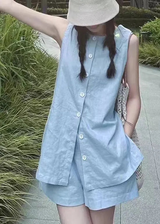 French Blue Tops and Shorts Linen Two Piece Set Summer