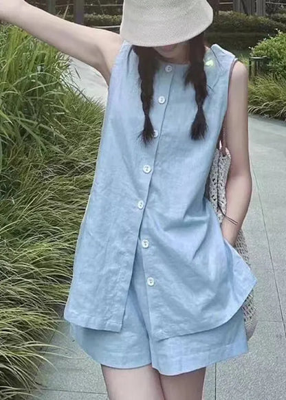 French Blue Tops and Shorts Linen Two Piece Set Summer