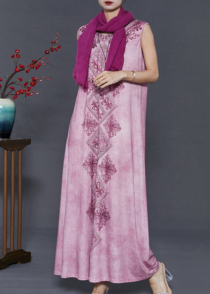 Purple Embroidered Tie Dye Cotton Dress Sleeveless