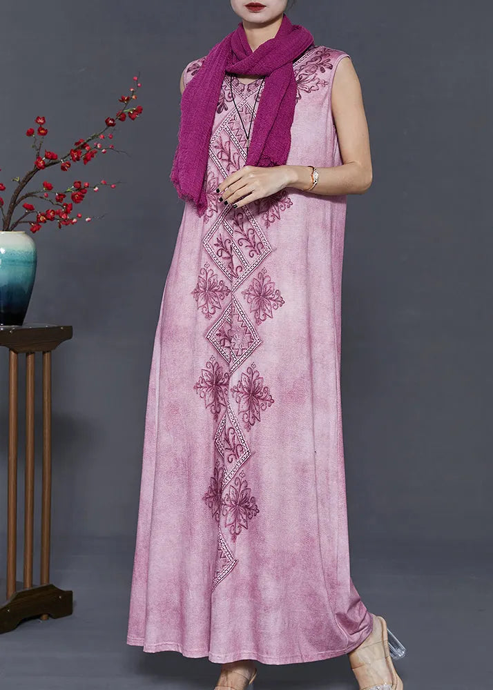 Purple Embroidered Tie Dye Cotton Dress Sleeveless