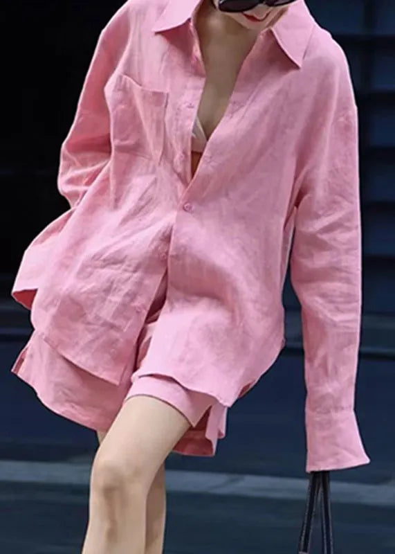 Modern Pink Button Shirts and Shorts Two Pieces Set Fall