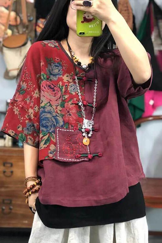 Embroidered Breasted V-neck Retro Stitching T-shirt