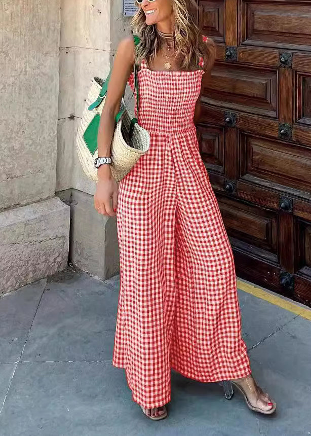 Green Plaid Cotton Overalls Jumpsuit Sleeveless