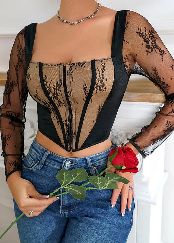 Lace Patchwork Hollow Out Tight Fitting Design Black Top
