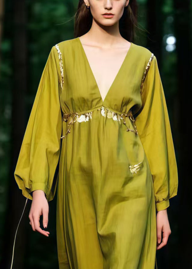 Grass Green V Neck Cotton Ankle Dress Spring